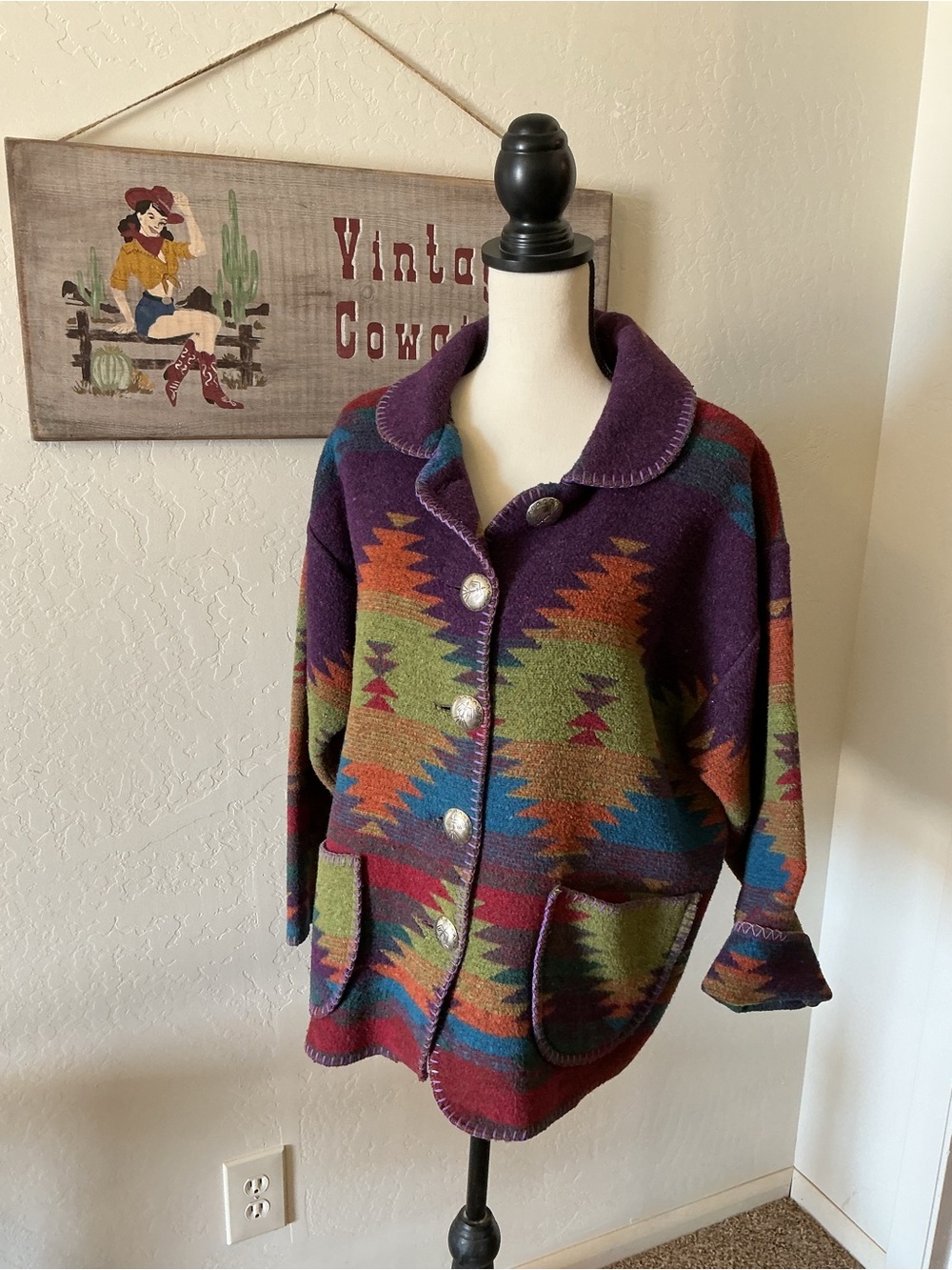 Rhonda Stark Multicolor Aztec Wool-Blend Button Cardigan - Purple